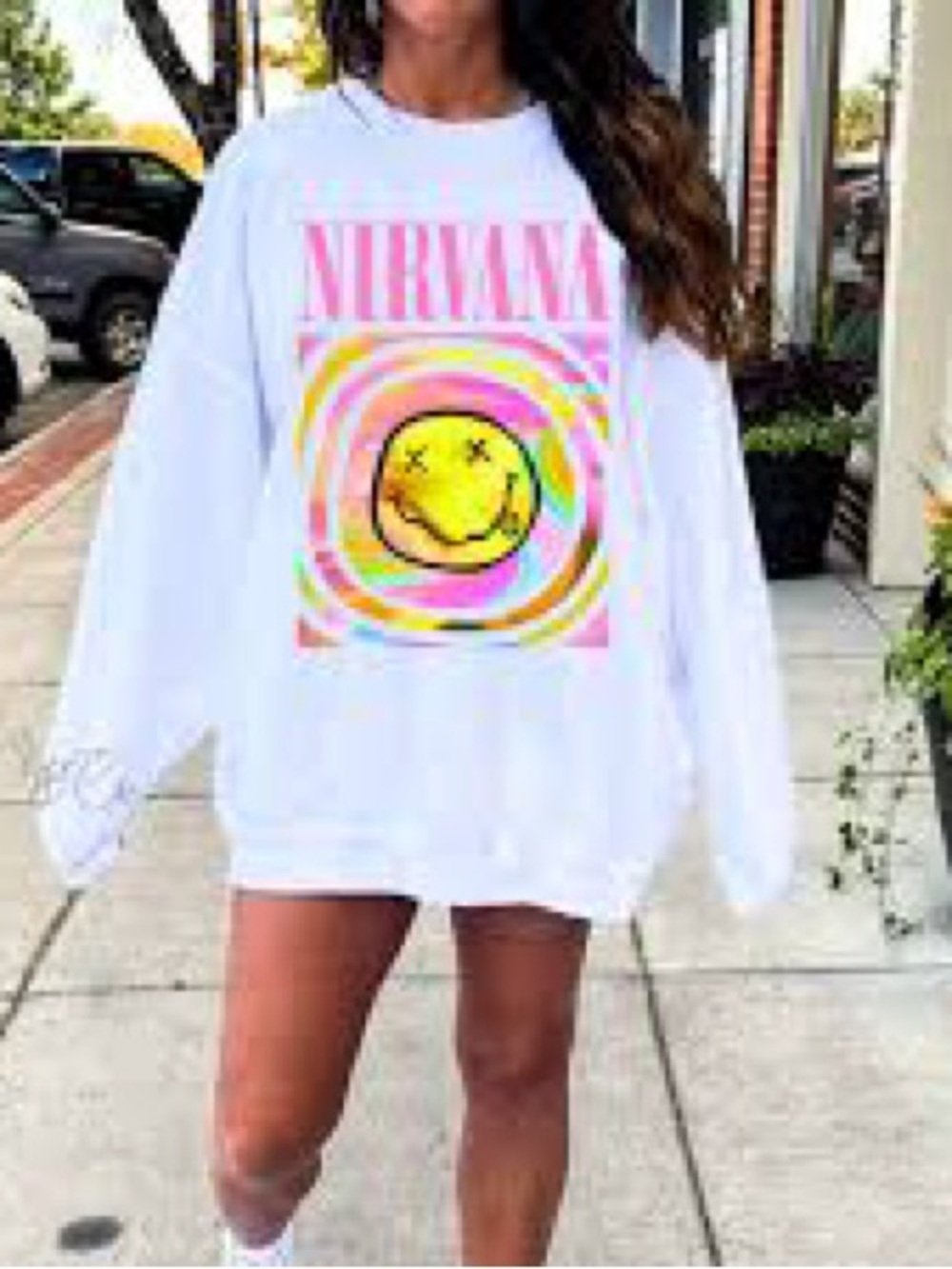 NEW! H&M Divided NIRVANA Oversized Graphic Sweatshirt Smiley Face Small